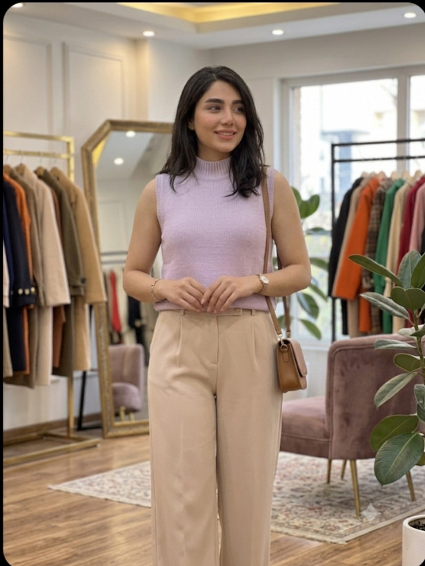 کراپ تاپ بافتنی زنانه یقه اسکی بدون آستین یاسی استایل کژوال