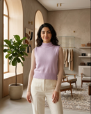 کراپ تاپ بافتنی زنانه یقه اسکی بدون آستین یاسی استایل کژوال