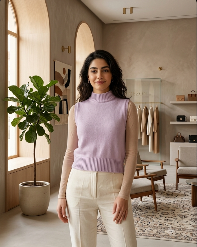 کراپ تاپ بافتنی زنانه یقه اسکی بدون آستین یاسی استایل کژوال