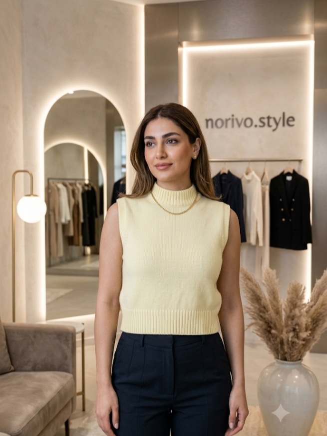 کراپ تاپ بافت زنانه یقه ۳ سانت بدون آستین زرد لیمویی شیک